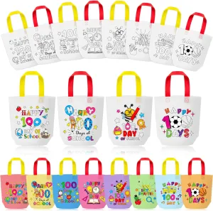 100th Day of School Coloring Goodie Bags for Kids - 24Pcs Happy 100th Day Bulk Color Your Own Gift Bag with Handle Reusable Coloring Bag Non Woven Tote Bag for DIY Crafts Painting Party Favor Supplies