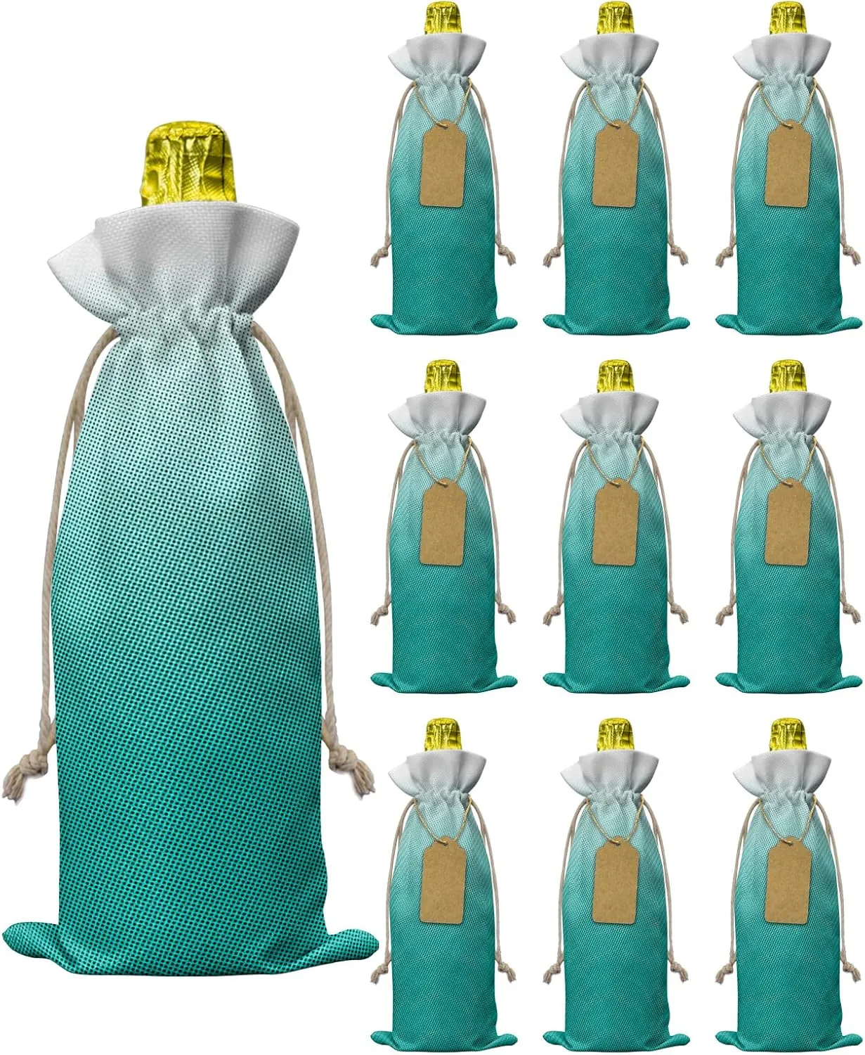 10pcs Burlap Wine Bags Gradient Gradual Color Reusable Wine Bottle Covers Cyan Polka Dots Ombre Bottle Gift Bag with Drawstring for Wedding, Birthday, Holiday Party, Housewarming