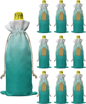 10pcs Burlap Wine Bags Gradient Gradual Color Reusable Wine Bottle Covers Cyan Polka Dots Ombre Bottle Gift Bag with Drawstring for Wedding, Birthday, Holiday Party, Housewarming