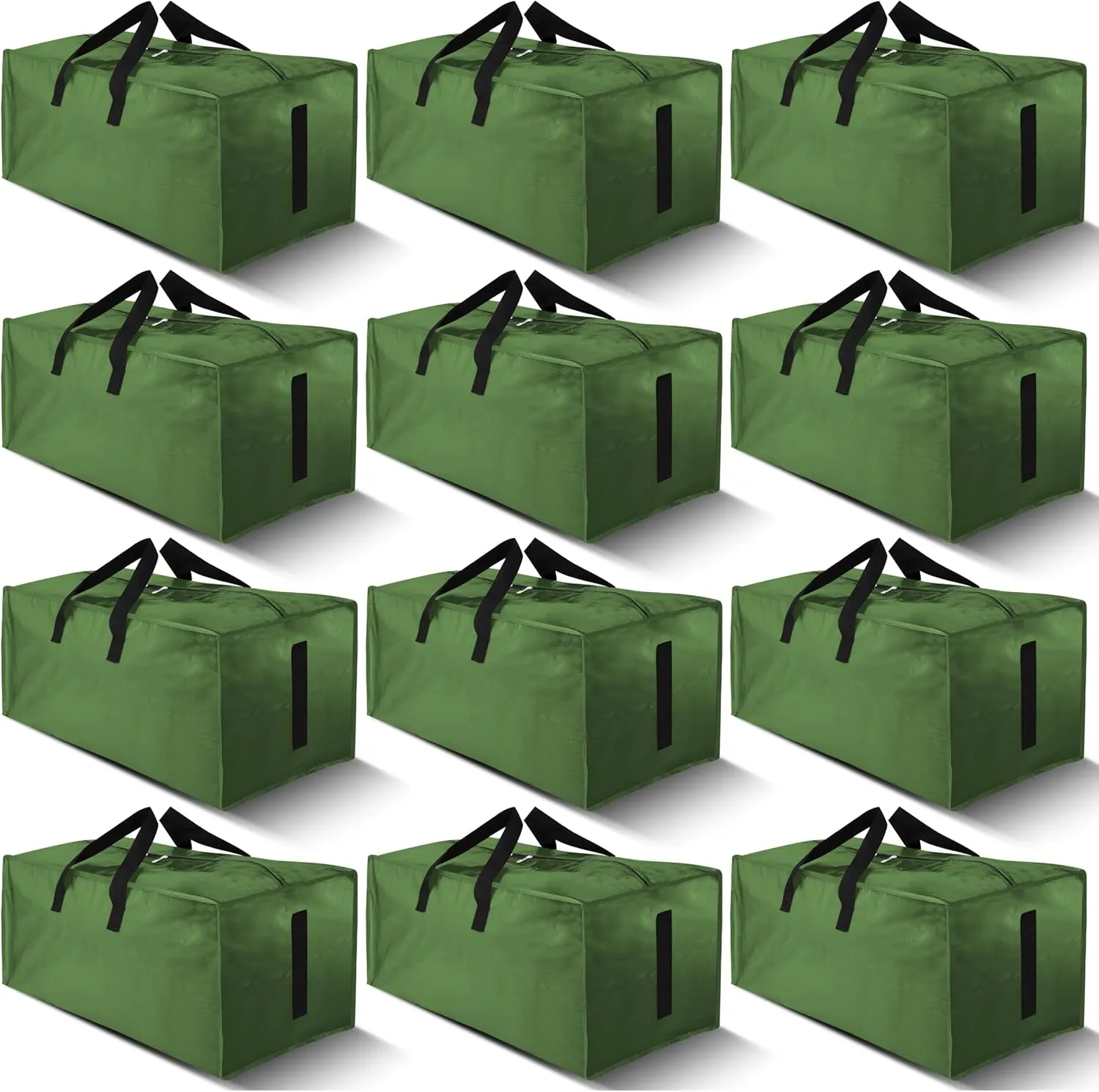 12 Pack Large Strong Moving Bags with Zippers & Carrying Handles - Water-Resistant - Heavy Duty Storage Tote for Space Saving, Fold Flat, Alternative to Moving Box (Olive Green)