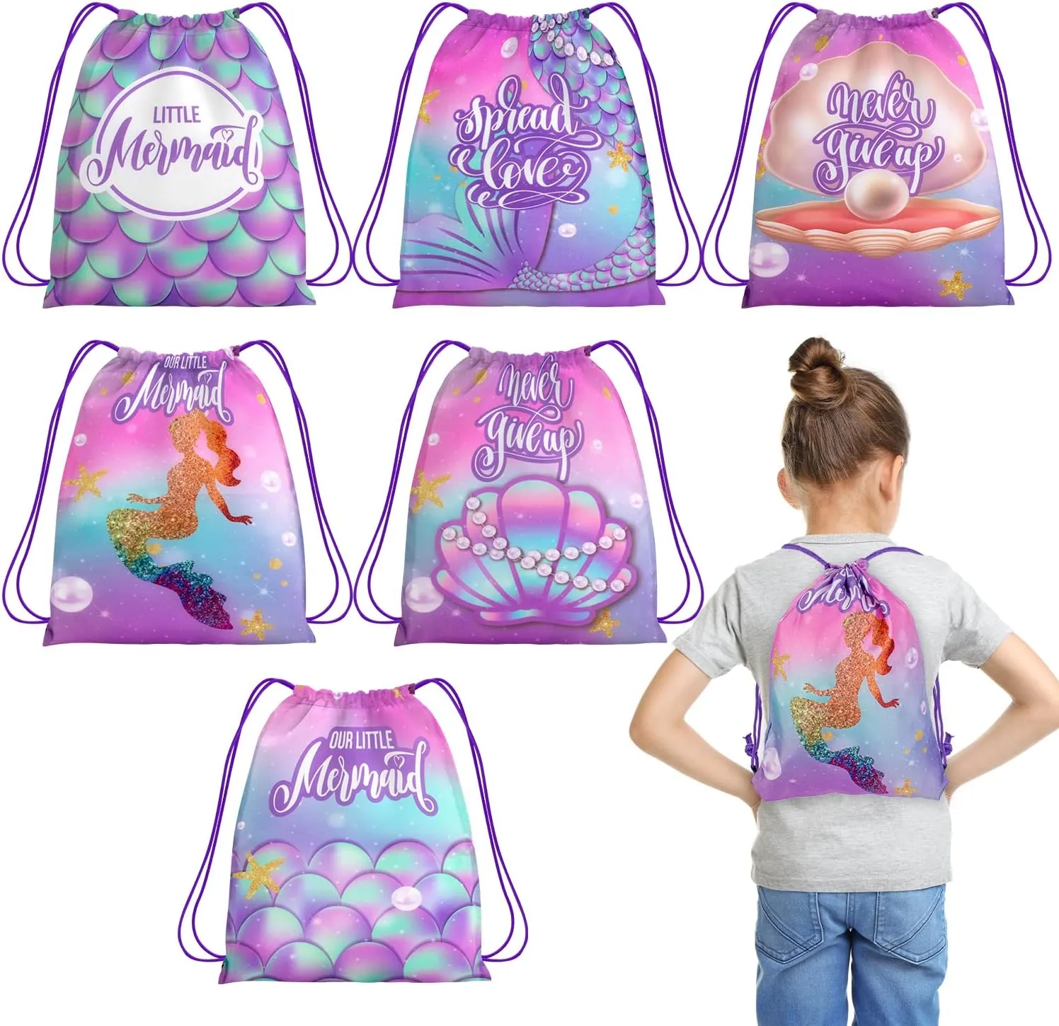 12 Pack Mermaid Party Supplies Favor Drawstring Bags for Kids' Birthday, Boys Girls Little Mermaid Drawstring Backpack Bag as Loot and Goodie bags for Gifts, Treat, Candy, School or Birthday Party