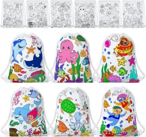 12 Pcs Color Your Own Under the Sea Canvas Drawstring Bags Marine Animal Coloring Bags Under the Sea Party Drawstring Backpack Gifts Ocean Animals Birthday Party Favor DIY Backpack Crafts