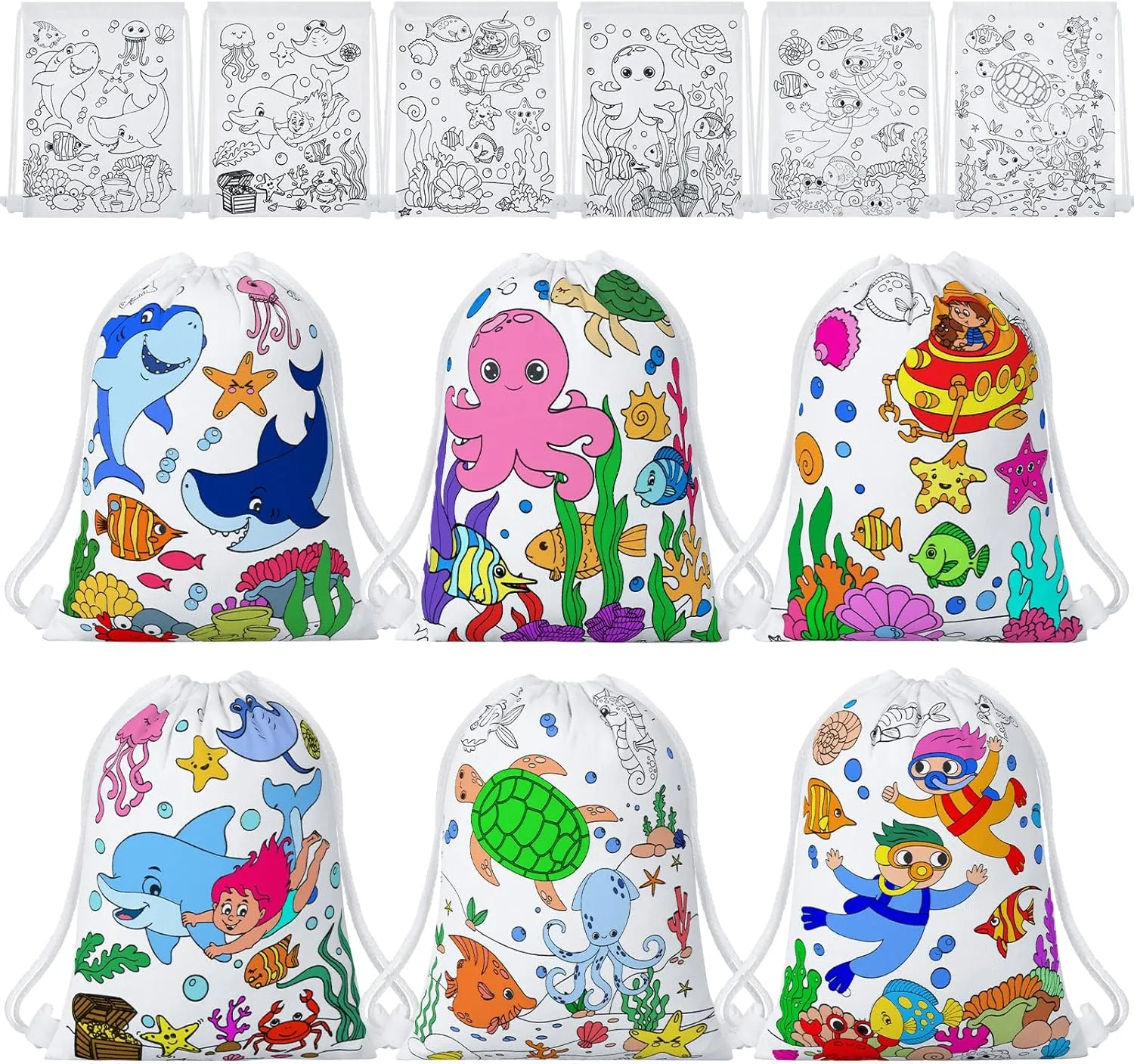 12 Pcs Color Your Own Under the Sea Canvas Drawstring Bags Marine Animal Coloring Bags Under the Sea Party Drawstring Backpack Gifts Ocean Animals Birthday Party Favor DIY Backpack Crafts