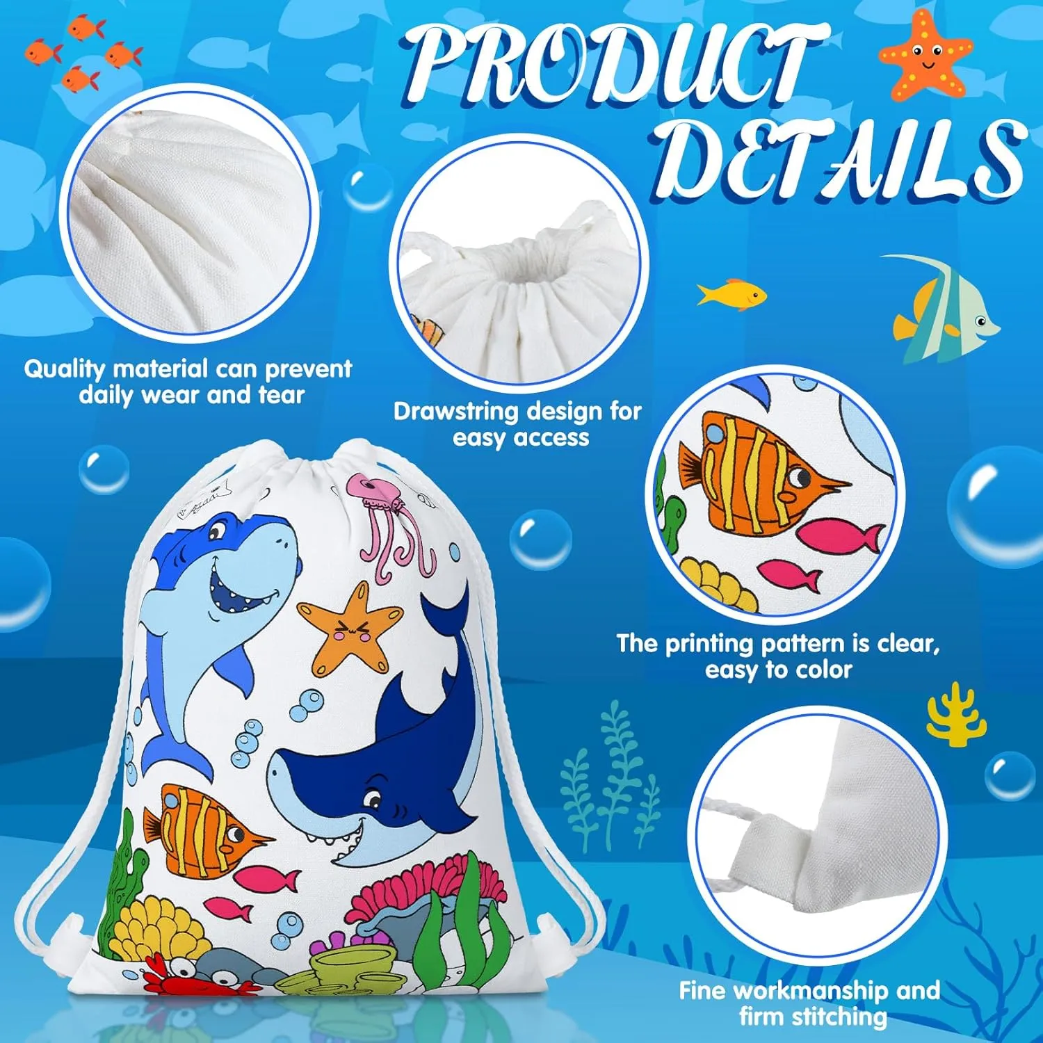 12 Pcs Color Your Own Under the Sea Canvas Drawstring Bags Marine Animal Coloring Bags Under the Sea Party Drawstring Backpack Gifts Ocean Animals Birthday Party Favor DIY Backpack Crafts