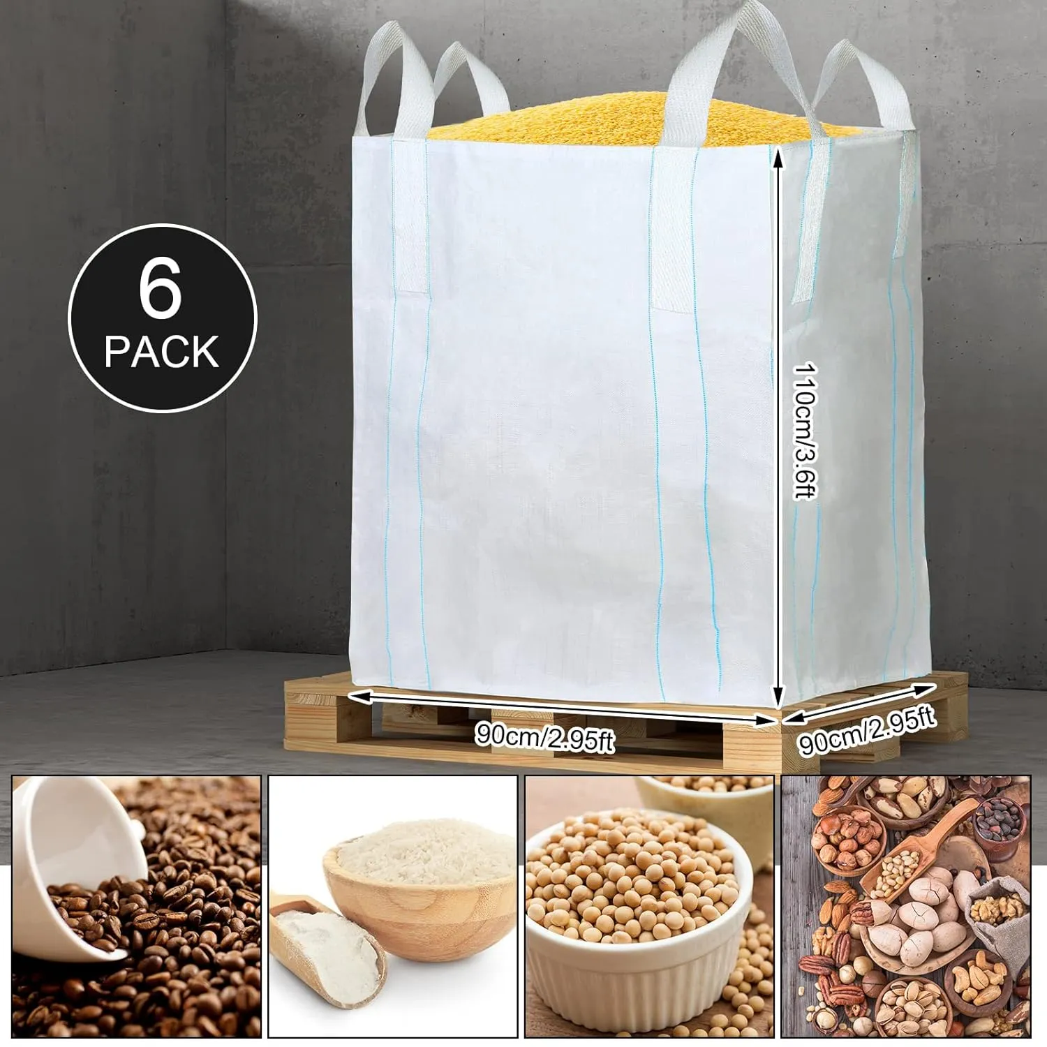 12 Pcs FIBC Bulk Bags 35 L x 35 W x 43 H, Holds Up To 3300 Lbs (SWL) Woven Polypropylene Sack for Dumpster, Feed Grain, Construction, Gravel, Waste Management, Sand Bags With 4 Lift Loops