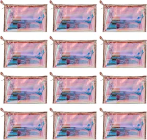 12 PCS Holographic Makeup Bags Clear PVC Makeup Bag Iridescent Cosmetic Pouch Portable Zippered Toiletry Bag Waterproof