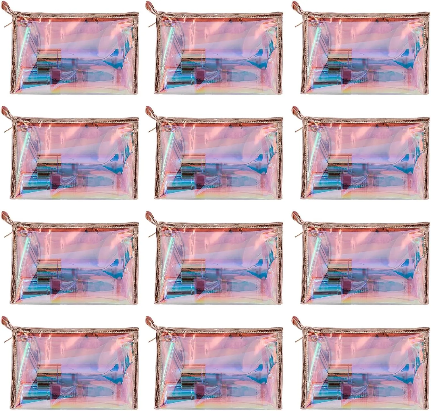12 PCS Holographic Makeup Bags Clear PVC Makeup Bag Iridescent Cosmetic Pouch Portable Zippered Toiletry Bag Waterproof
