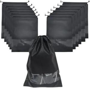 12 Pcs Shoe Bags for Travel, Packing, Storage & Organizing. Reusable Dust-Proof & Water Resistant Shoe Pouch Protector with Clear Transparent Window & Drawstrings. (Black)