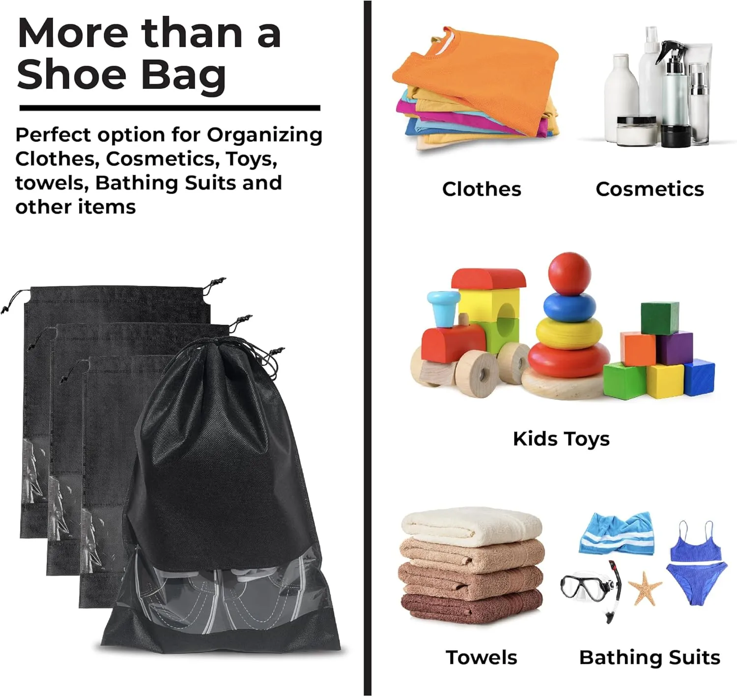 12 Pcs Shoe Bags for Travel, Packing, Storage & Organizing. Reusable Dust-Proof & Water Resistant Shoe Pouch Protector with Clear Transparent Window & Drawstrings. (Black)