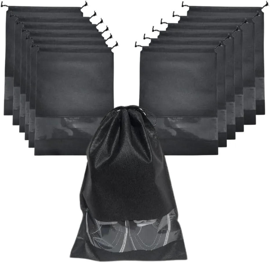 12 Pcs Shoe Bags for Travel, Packing, Storage & Organizing. Reusable Dust-Proof & Water Resistant Shoe Pouch Protector with Clear Transparent Window & Drawstrings. (Black)
