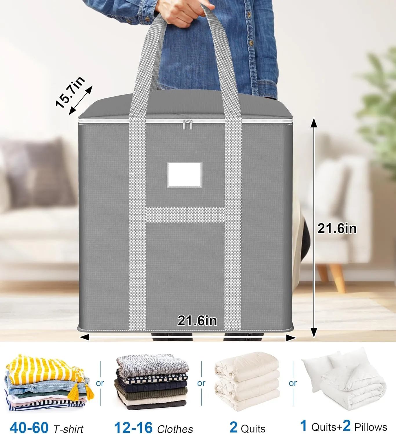 120L Extra Large Blanket Storage Bags, 2Pcs Comforter Clothes Storage Bag with Reinforced Handles Zipper, Moving Bags Closet Organizer Storage Containers for Comforter Bedding Pillow Sheet Toys, Grey