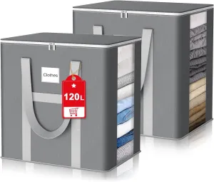 120L Extra Large Blanket Storage Bags, 2Pcs Comforter Clothes Storage Bag with Reinforced Handles Zipper, Moving Bags Closet Organizer Storage Containers for Comforter Bedding Pillow Sheet Toys, Grey