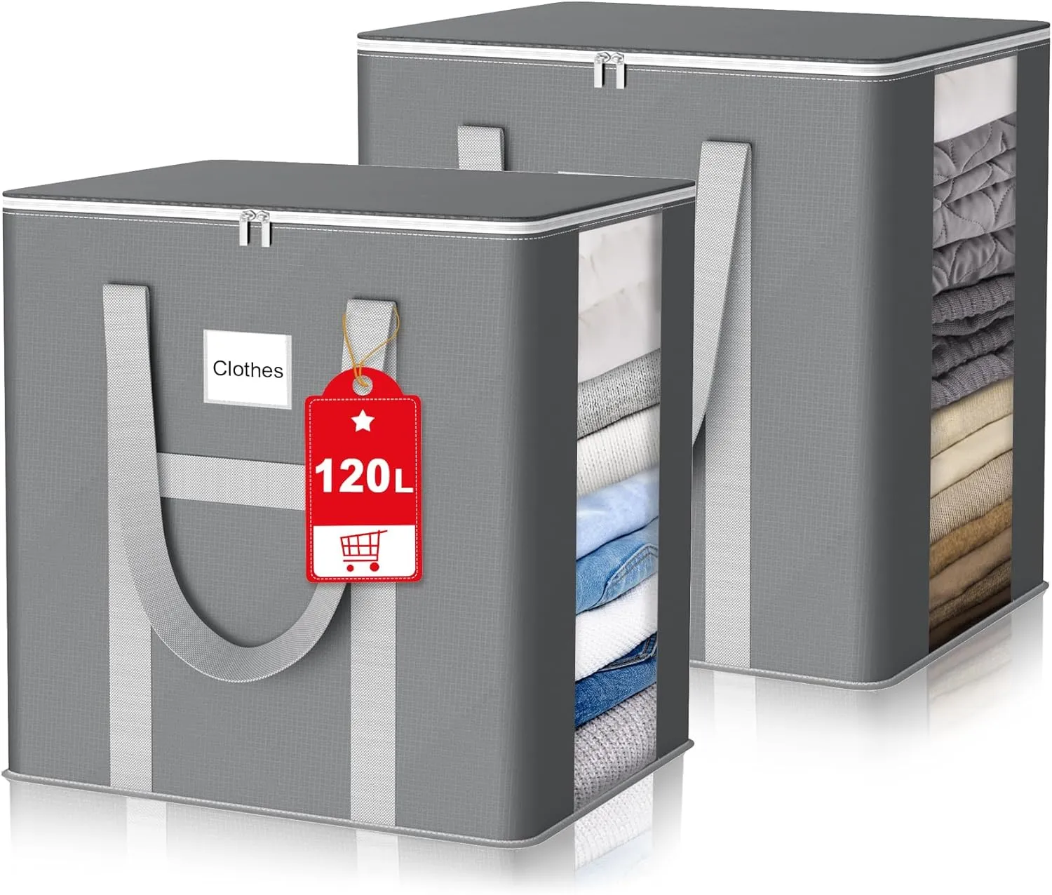 120L Extra Large Blanket Storage Bags, 2Pcs Comforter Clothes Storage Bag with Reinforced Handles Zipper, Moving Bags Closet Organizer Storage Containers for Comforter Bedding Pillow Sheet Toys, Grey