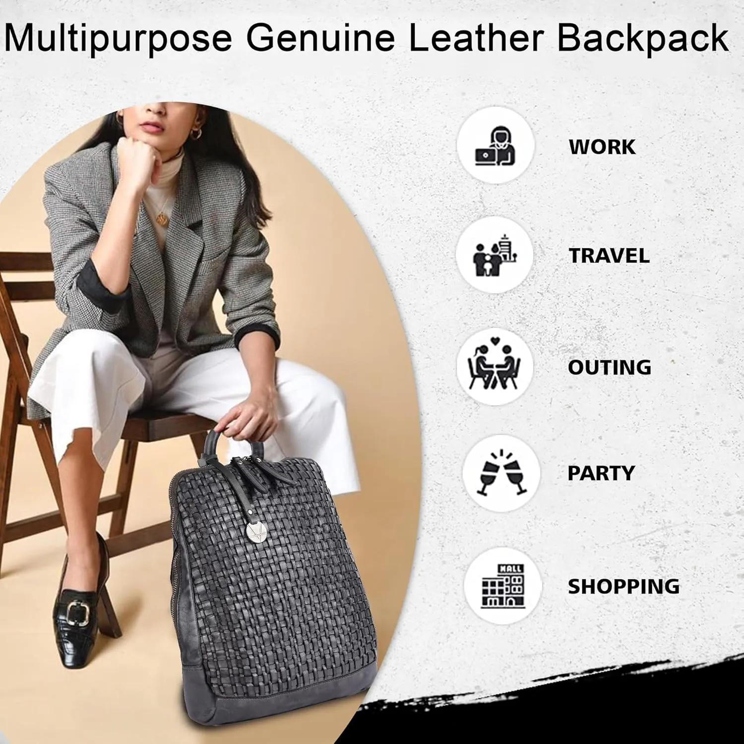 12.5 Inch Genuine Leather Backpack for Women and Men, Grey Leather Backpack with Adjustable Shoulder Strap