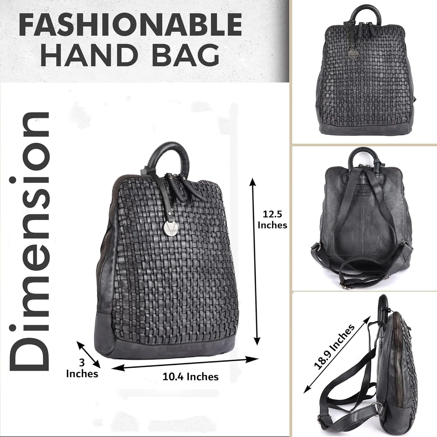 12.5 Inch Genuine Leather Backpack for Women and Men, Grey Leather Backpack with Adjustable Shoulder Strap