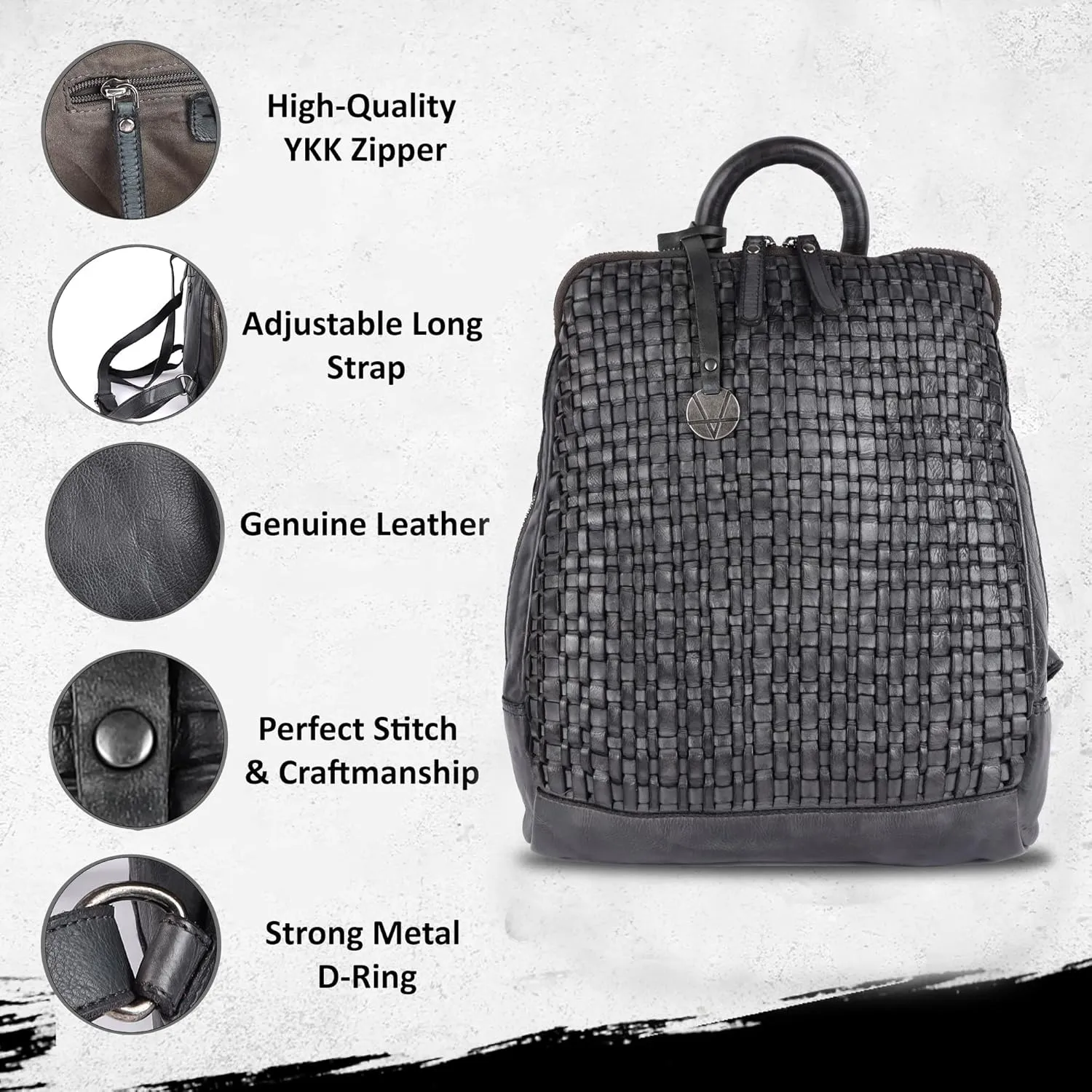 12.5 Inch Genuine Leather Backpack for Women and Men, Grey Leather Backpack with Adjustable Shoulder Strap