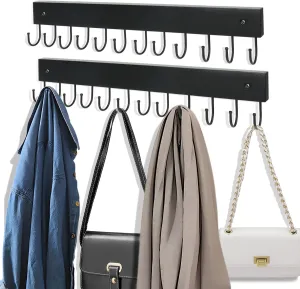 2 Pack Purse Organizer Wall Mount with 24 Rotating 180° Coat Rack, 14.6" Wooden Entryway Purse Holder, Wall Hooks for Hanging Belts, Ties, Keys, Scarf, Bras, Bag, Space Saving Hanger (Black)