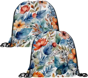 2 Pcs Flowers and Green Leaves Drawstring Backpack Drawstring Gym Bag Draw String Bag for Sports, Gym, Travel, Swimming, Beach