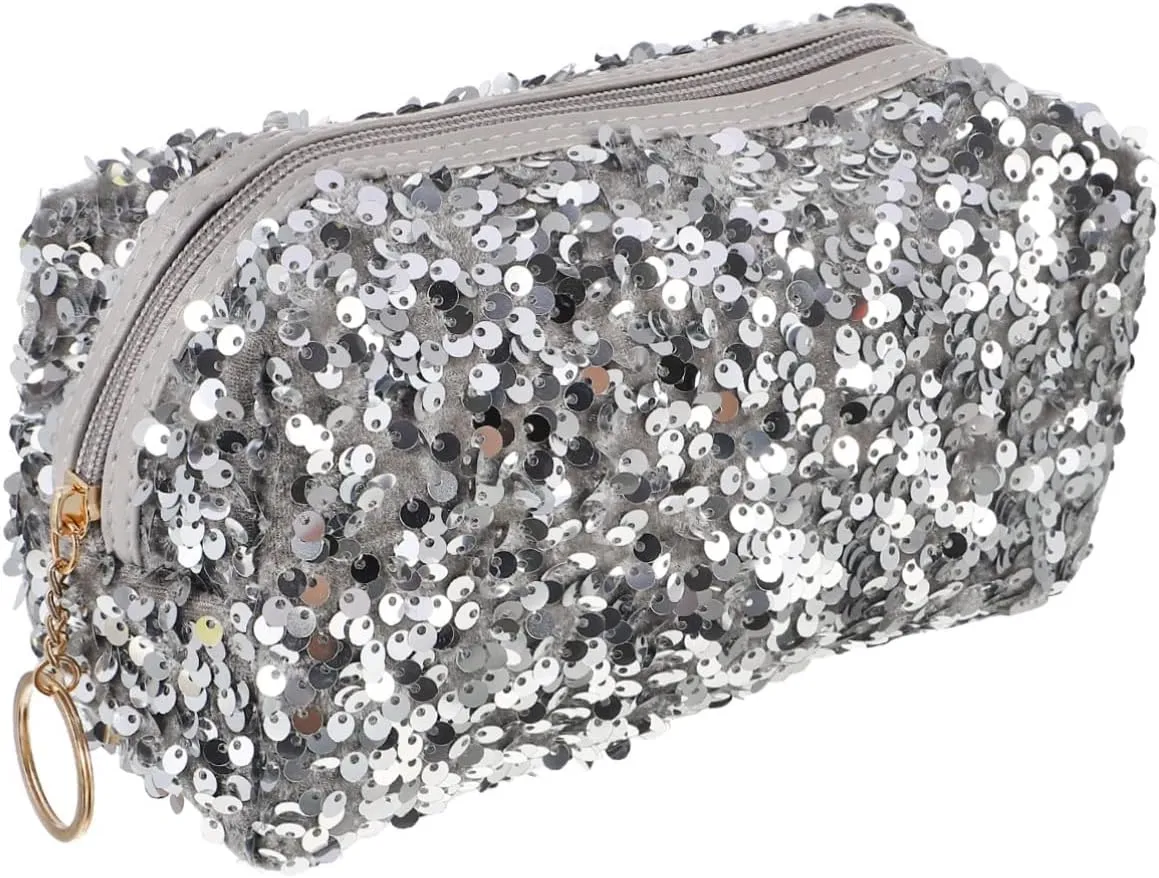 2 Pcs Sequin Cosmetic Bag Handbag High Capacity Travel, Silverx3pcs, 19X10CMx3pcs