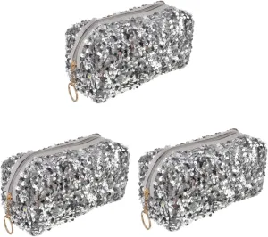 2 Pcs Sequin Cosmetic Bag Handbag High Capacity Travel, Silverx3pcs, 19X10CMx3pcs