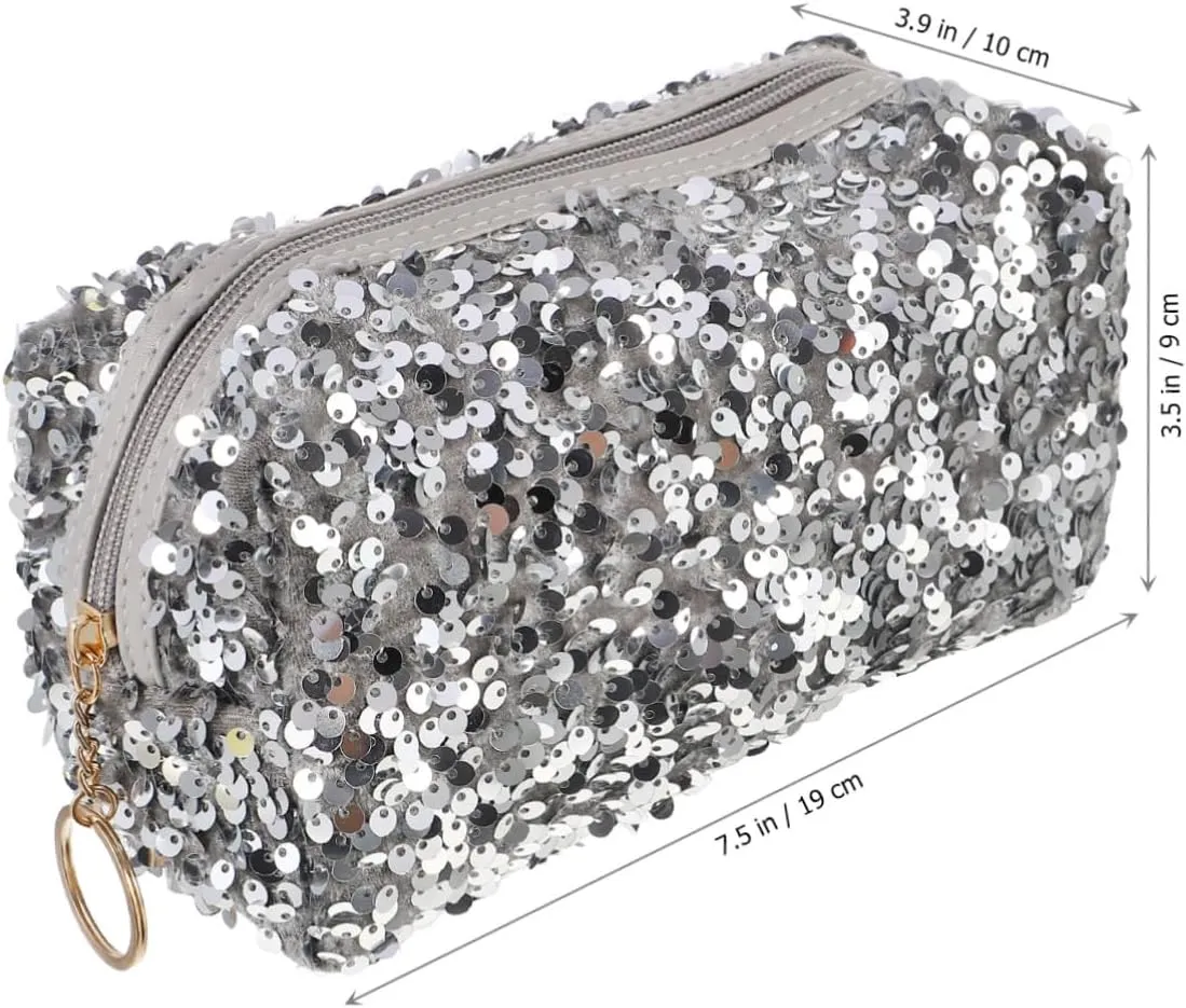 2 Pcs Sequin Cosmetic Bag Handbag High Capacity Travel, Silverx3pcs, 19X10CMx3pcs