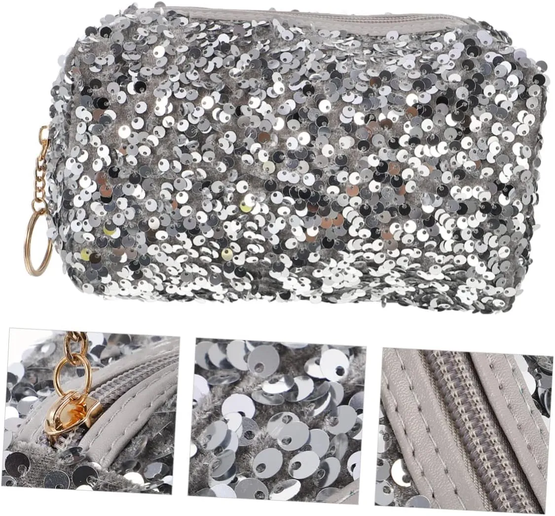2 Pcs Sequin Cosmetic Bag Handbag High Capacity Travel, Silverx3pcs, 19X10CMx3pcs