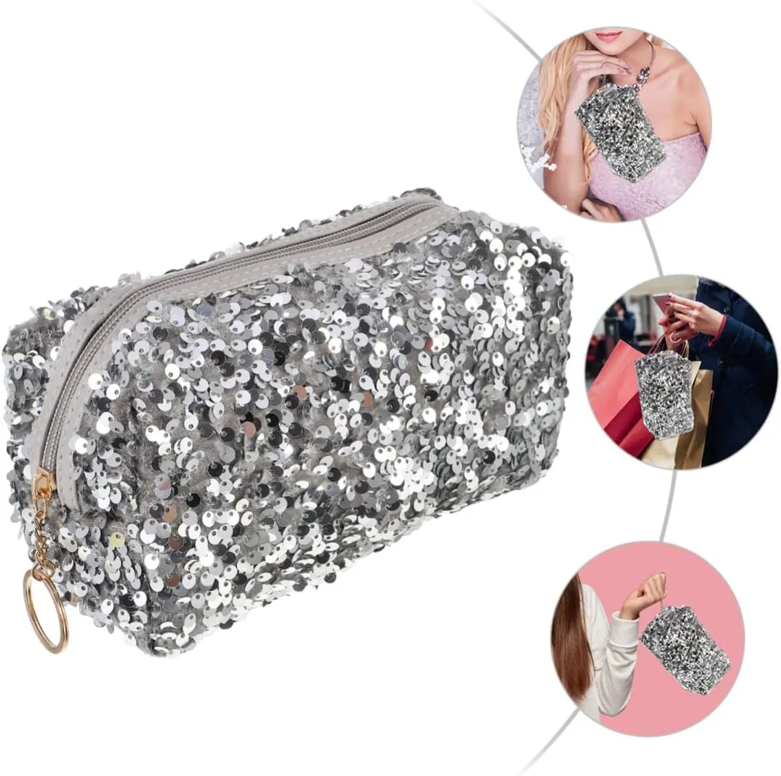 2 Pcs Sequin Cosmetic Bag Handbag High Capacity Travel, Silverx3pcs, 19X10CMx3pcs