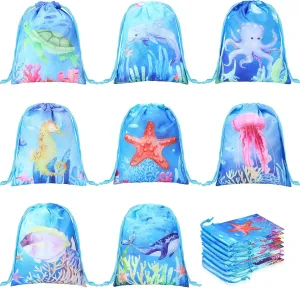 24 Pack Under the Sea Treat Bags Sea Animals Drawstring Bags Sea Drawstring Pouches Sea Ocean Animals Gift Goodie Bag Ocean Creatures Theme Party Favor for Kid, 8 Design