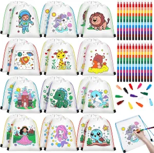 24 Pcs Colorable Drawstring Backpack, Coloring Goodie Bags Return Gift Bag with 24 pcs Stackable Crayons (12 colors in one) for Birthday Wedding Video Gaming Party Favors DIY(Colorable)