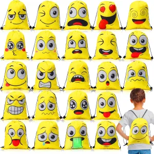 24 Pcs Emoticon Drawstring Backpack for Kids Teens Bags Emotion Party Supplies Shoulder Gym Stuff Swimming Drawstring Bag Nylon Backpack for Boys Girls Candy Favors Party Gift