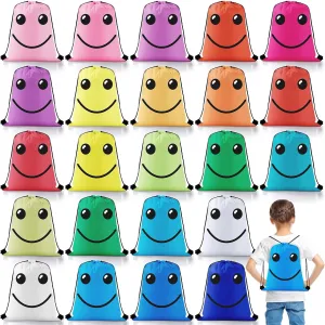 24 Pcs Emoticon Drawstring Backpack for Teens Backpack Bags Emotion Party Supplies Gym Drawstring Bags for Gifts (Bright Colors,Lively)