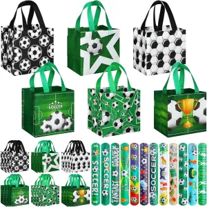 24 Pcs Soccer Party Favor Bags Soccer Non Woven Gift Treat Bags with 24 Pcs Soccer Slap Bracelets, Reusable Soccer Goodie Candy Bag with Handles for Soccer Party Favors Supplies
