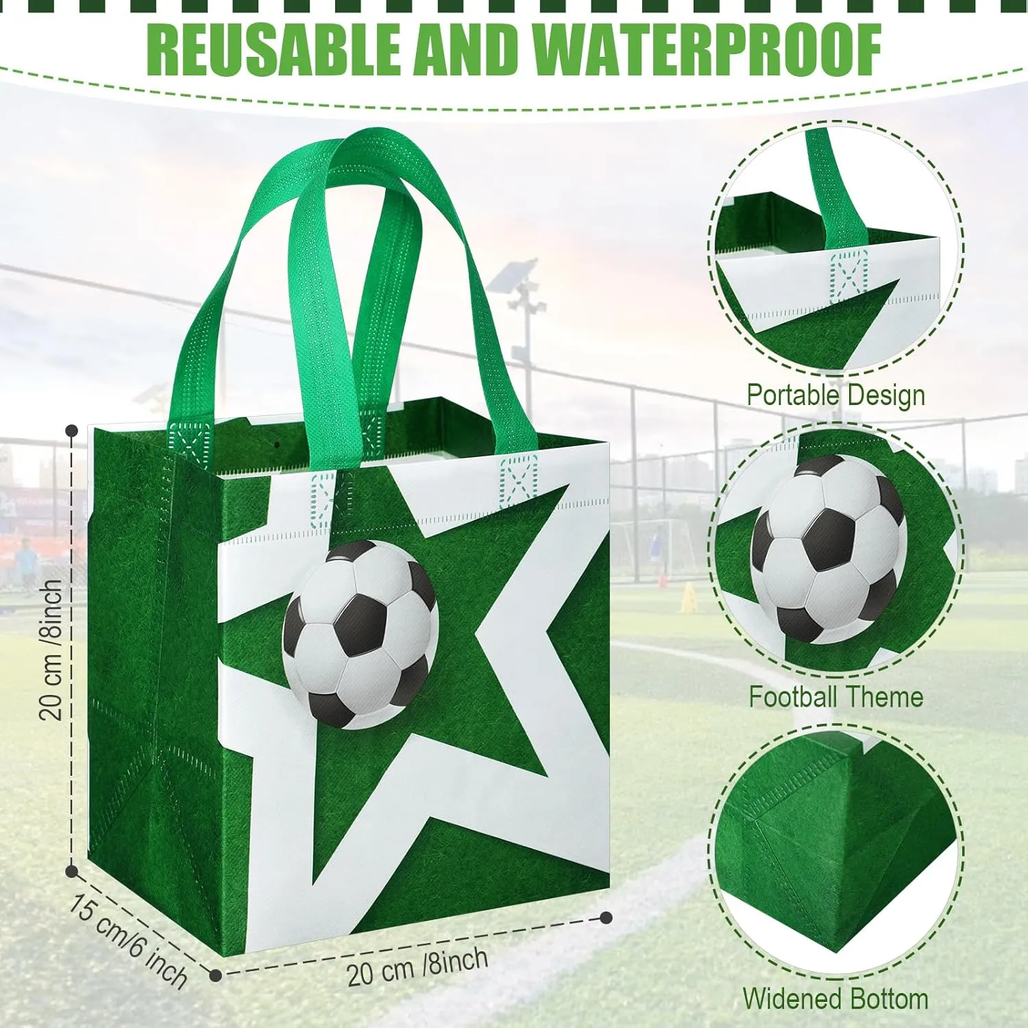 24 Pcs Soccer Party Favor Bags Soccer Non Woven Gift Treat Bags with 24 Pcs Soccer Slap Bracelets, Reusable Soccer Goodie Candy Bag with Handles for Soccer Party Favors Supplies