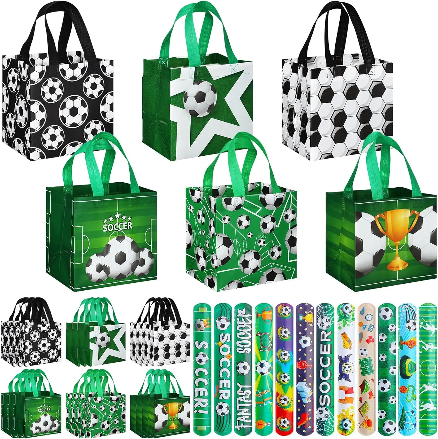 24 Pcs Soccer Party Favor Bags Soccer Non Woven Gift Treat Bags with 24 Pcs Soccer Slap Bracelets, Reusable Soccer Goodie Candy Bag with Handles for Soccer Party Favors Supplies