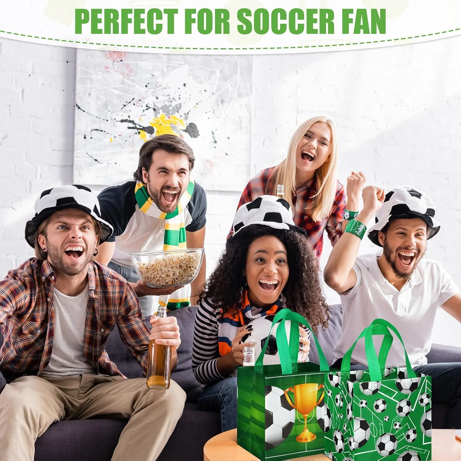 24 Pcs Soccer Party Favor Bags Soccer Non Woven Gift Treat Bags with 24 Pcs Soccer Slap Bracelets, Reusable Soccer Goodie Candy Bag with Handles for Soccer Party Favors Supplies