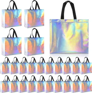 25 Pcs Glossy Iridescent Gift Bags Dazzling Silver Reusable Goodie Bag with Black Handles Non-woven Sturdy Base Gift Pouches for Birthday Wedding Easter Holiday Party
