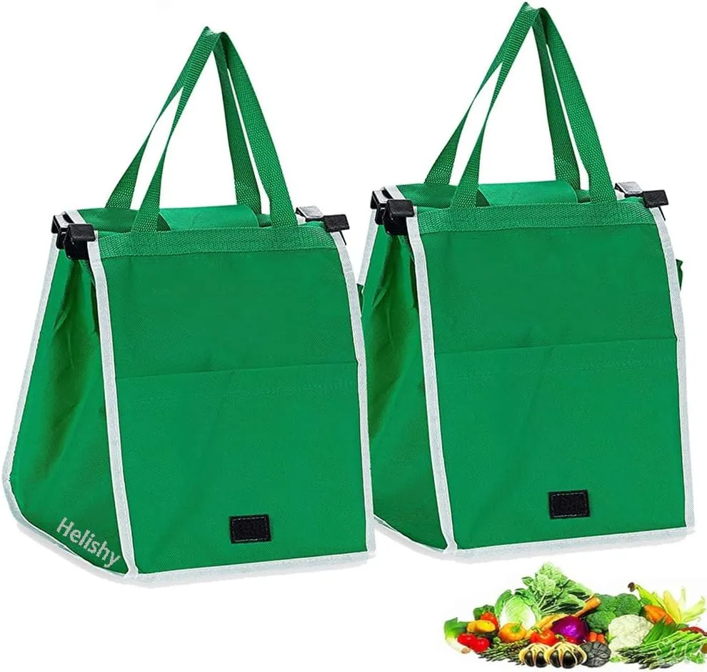 2Pack Reusable Grocery Bags Shopping Trolley Bags, Green Non-woven Tote Bags with Handles, Collapsible Grab and Go Bag Clip on Shopping Cart