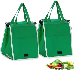 2Pack Reusable Grocery Bags Shopping Trolley Bags, Green Non-woven Tote Bags with Handles, Collapsible Grab and Go Bag Clip on Shopping Cart