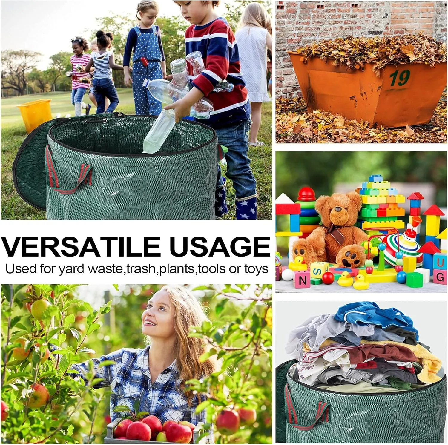 3 Pack 72 Gallons Reusable Yard Waste Bags with Lid Extra Large Lawn Leaf Bags Heavy Duty with 4 Handles Garden Waste Bags Container for Clean Up Outdoor Debris Leaves Grass Clippings