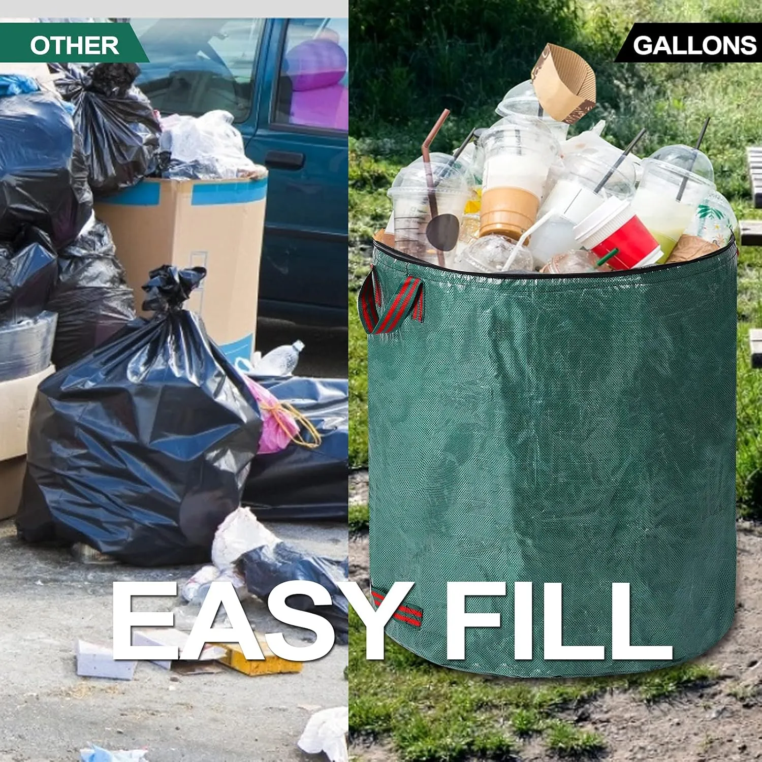 3 Pack 72 Gallons Reusable Yard Waste Bags with Lid Extra Large Lawn Leaf Bags Heavy Duty with 4 Handles Garden Waste Bags Container for Clean Up Outdoor Debris Leaves Grass Clippings
