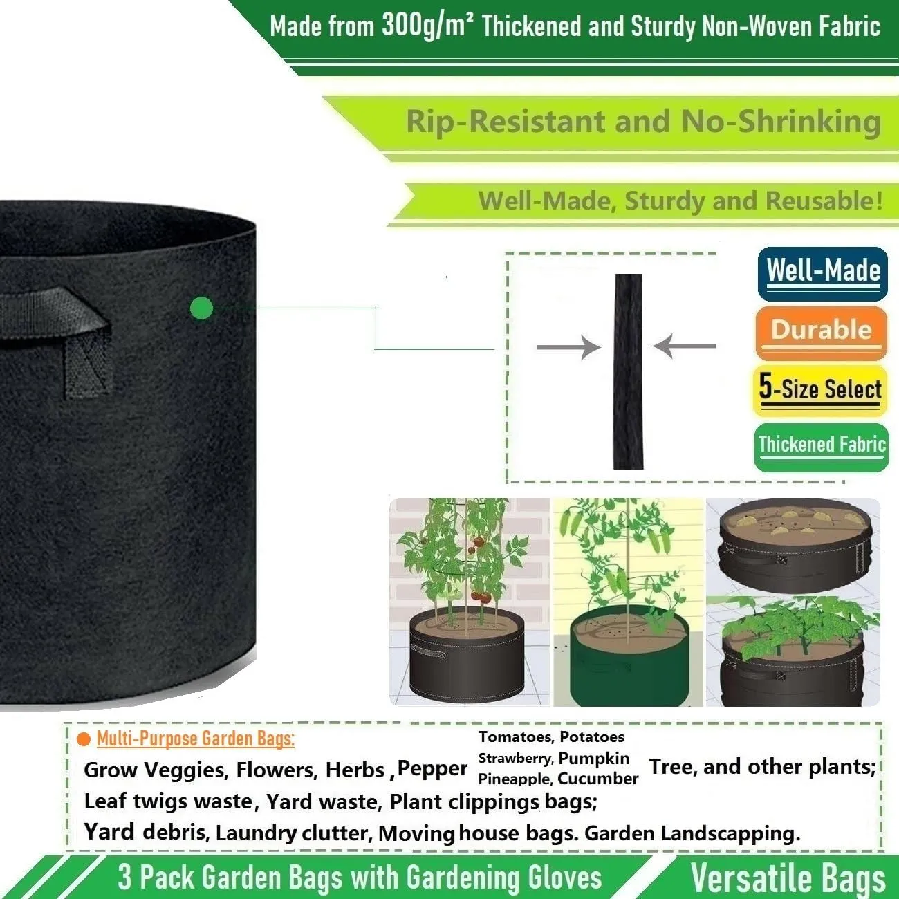 3-Pack 75 Gallon Thickened Plant Grow Bags Big (34x20 inch) Heavy Duty Garden Bag Fabric Plant Pots for Tomato,Potato Planter,Herbs Veggies Planting,Barrel Planter,Flower Pots,Yard Waste Bag,Leaf Bags