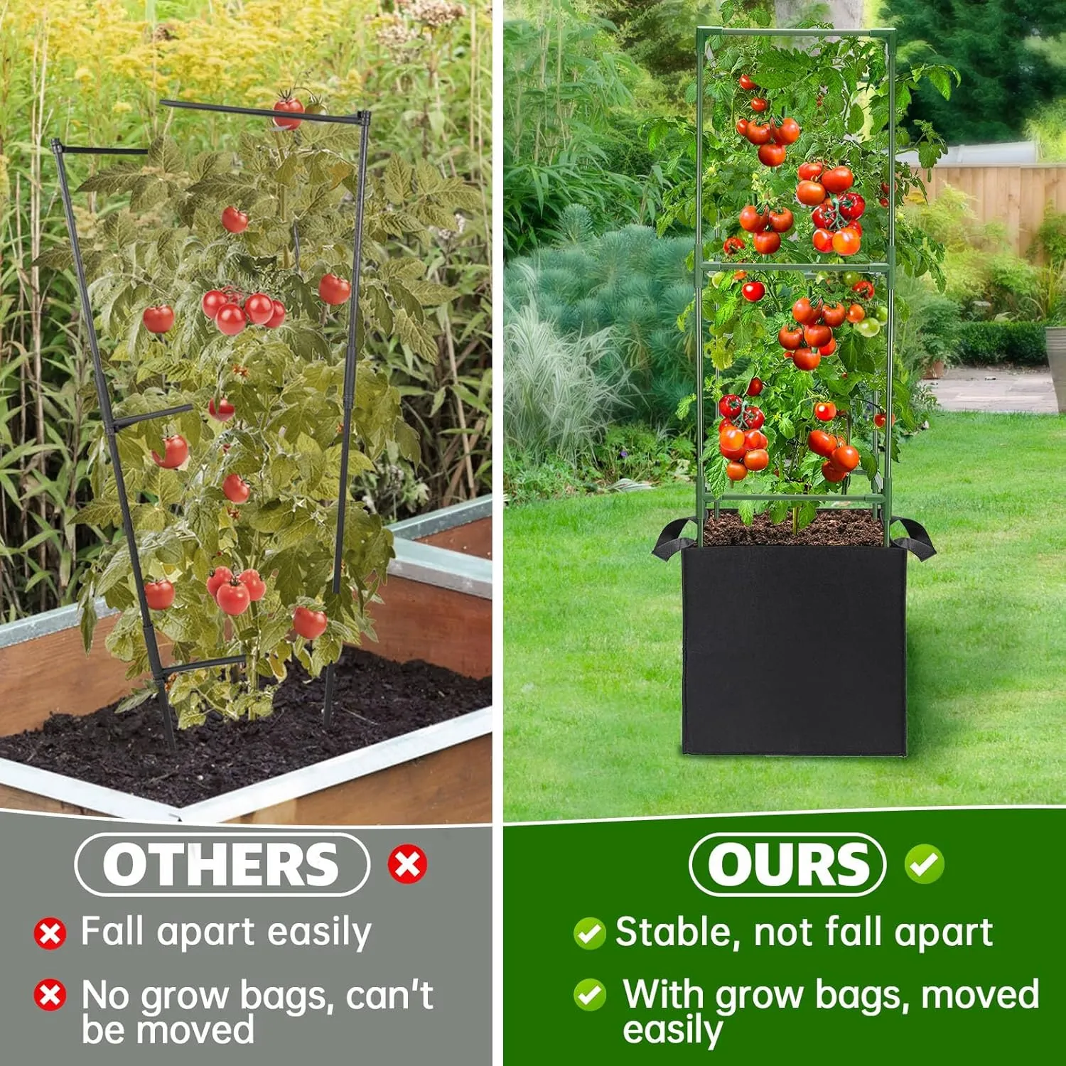 3 Sets Tomato Cages with 10 Gallon Grow Bags - 47'' Stable Plant Support Trellis Kit, Square Cages with Planter Pots for Garden Flowers Vegetables Cucumber Vertical Climbing Plants Vines