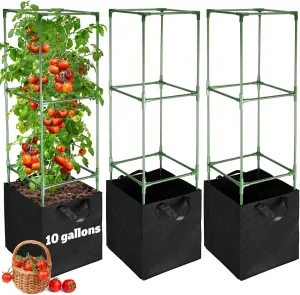 3 Sets Tomato Cages with 10 Gallon Grow Bags - 47'' Stable Plant Support Trellis Kit, Square Cages with Planter Pots for Garden Flowers Vegetables Cucumber Vertical Climbing Plants Vines