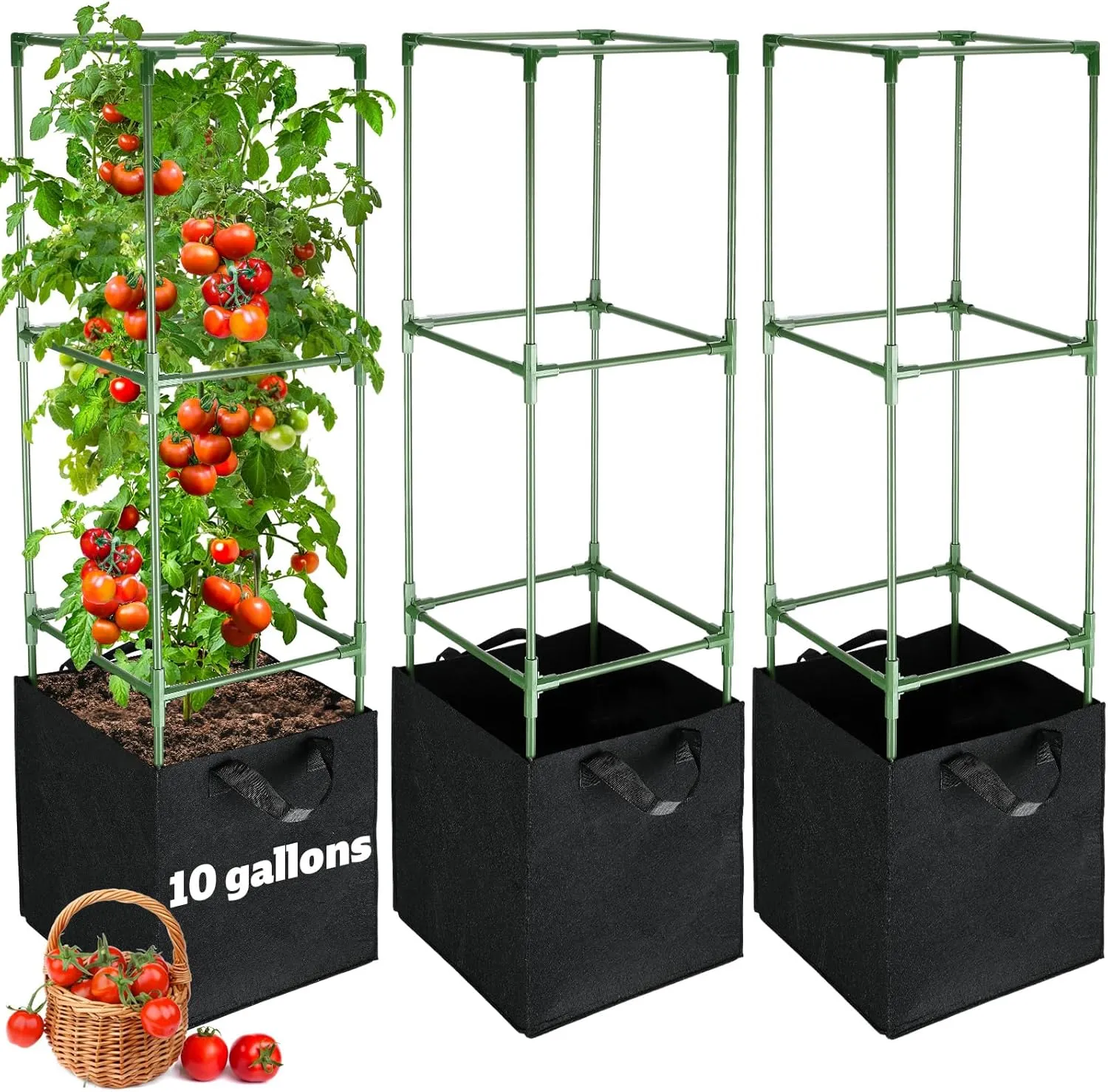 3 Sets Tomato Cages with 10 Gallon Grow Bags - 47'' Stable Plant Support Trellis Kit, Square Cages with Planter Pots for Garden Flowers Vegetables Cucumber Vertical Climbing Plants Vines
