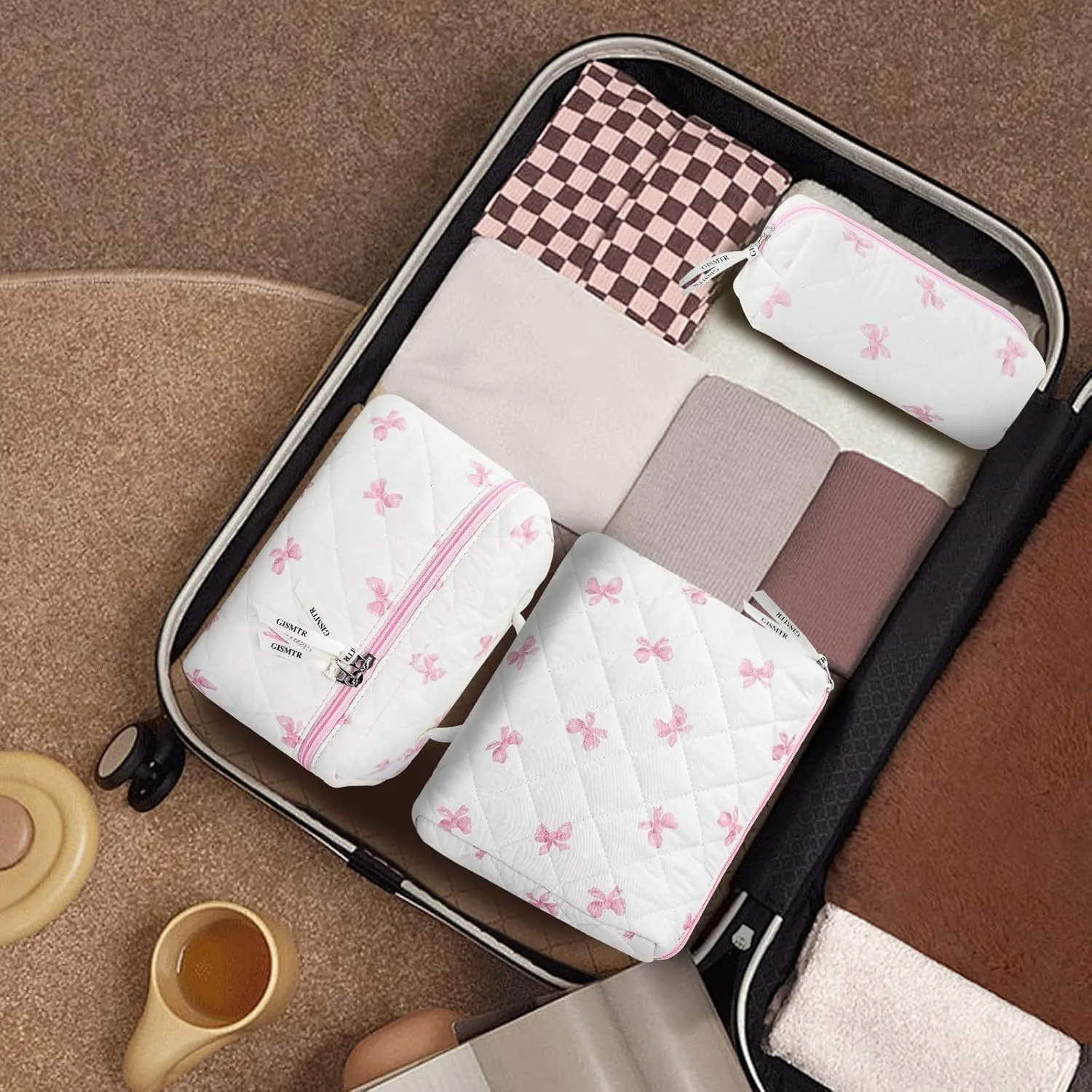 3PCS Makeup Bag Set, Cute Quilted Floral Cosmetic Bag, Large Travel Aesthetic Make up Bag, Coquette Makeup Pouch Toiletry Bag for Women Girls