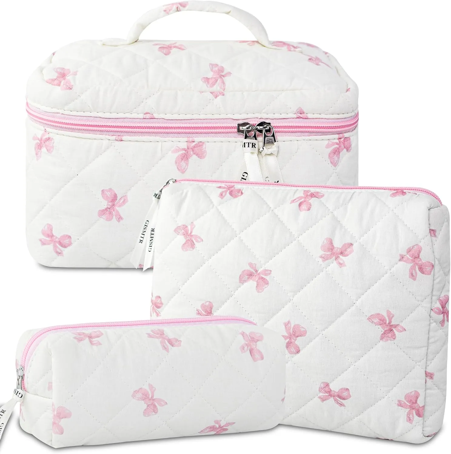 3PCS Makeup Bag Set, Cute Quilted Floral Cosmetic Bag, Large Travel Aesthetic Make up Bag, Coquette Makeup Pouch Toiletry Bag for Women Girls