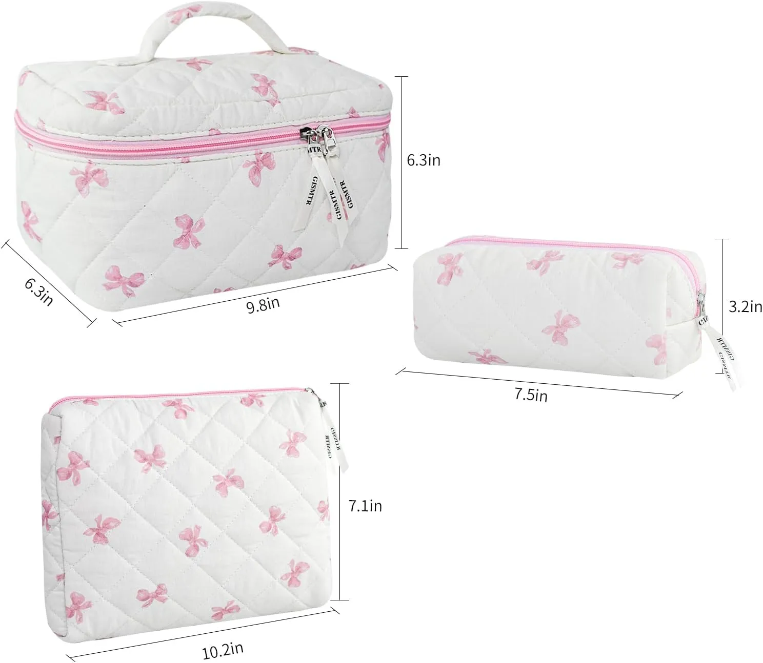 3PCS Makeup Bag Set, Cute Quilted Floral Cosmetic Bag, Large Travel Aesthetic Make up Bag, Coquette Makeup Pouch Toiletry Bag for Women Girls