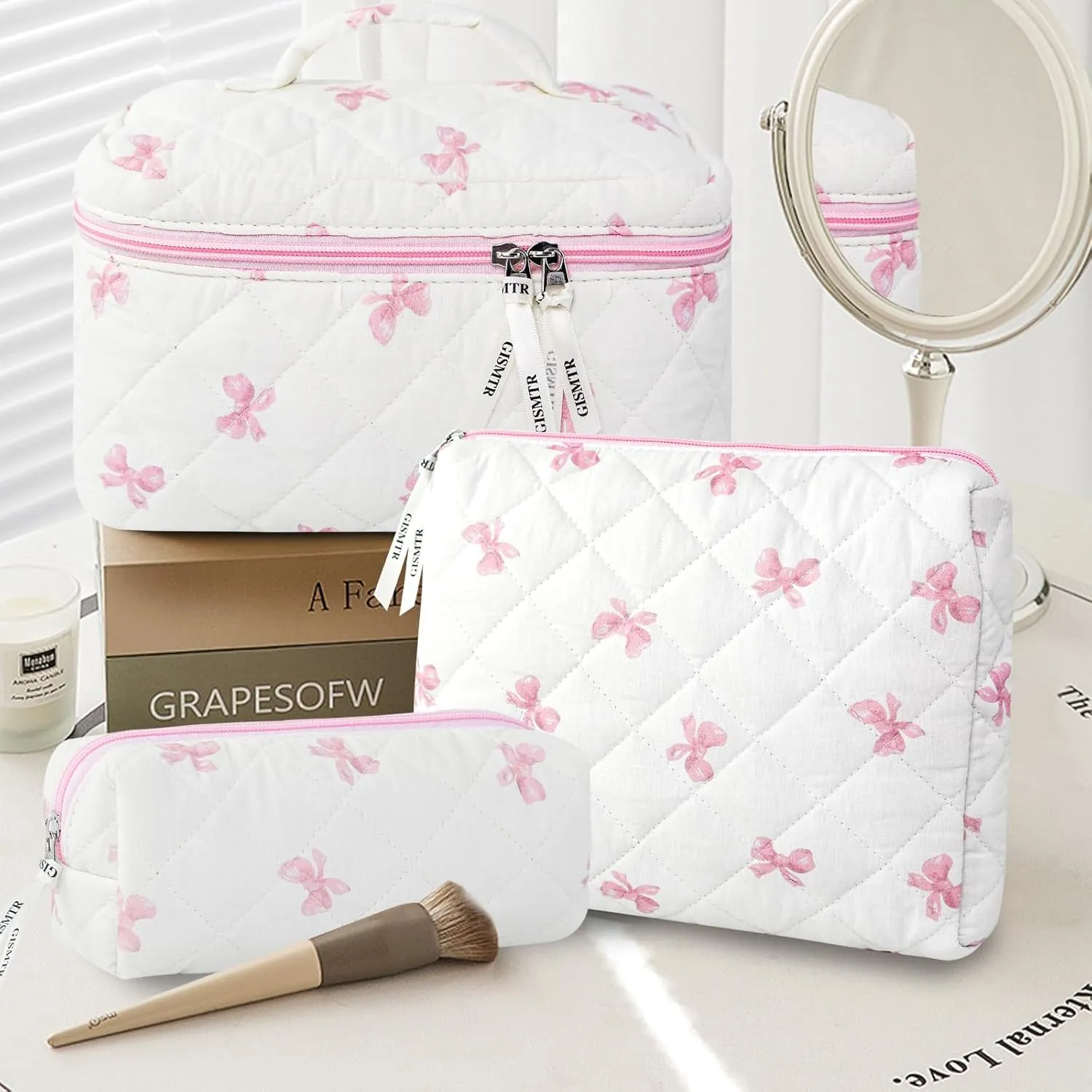 3PCS Makeup Bag Set, Cute Quilted Floral Cosmetic Bag, Large Travel Aesthetic Make up Bag, Coquette Makeup Pouch Toiletry Bag for Women Girls