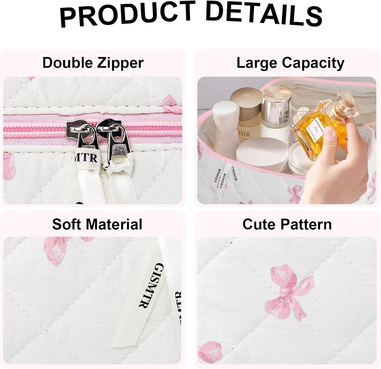 3PCS Makeup Bag Set, Cute Quilted Floral Cosmetic Bag, Large Travel Aesthetic Make up Bag, Coquette Makeup Pouch Toiletry Bag for Women Girls