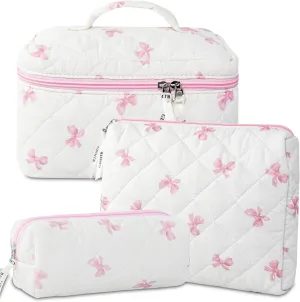 3PCS Makeup Bag Set, Cute Quilted Floral Cosmetic Bag, Large Travel Aesthetic Make up Bag, Coquette Makeup Pouch Toiletry Bag for Women Girls